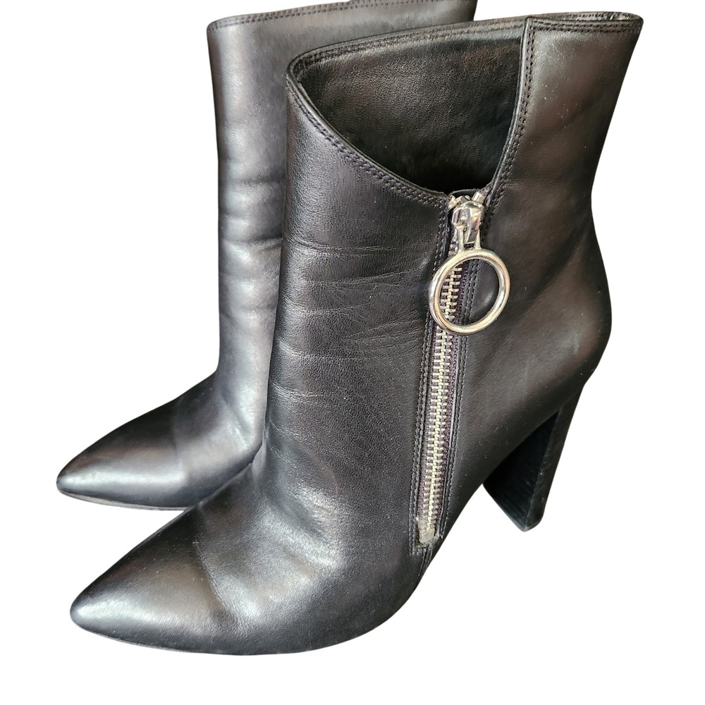 PAIGE Asymmetrical Black Leather pointed toe ankle boots 7 Quiet Luxury‎